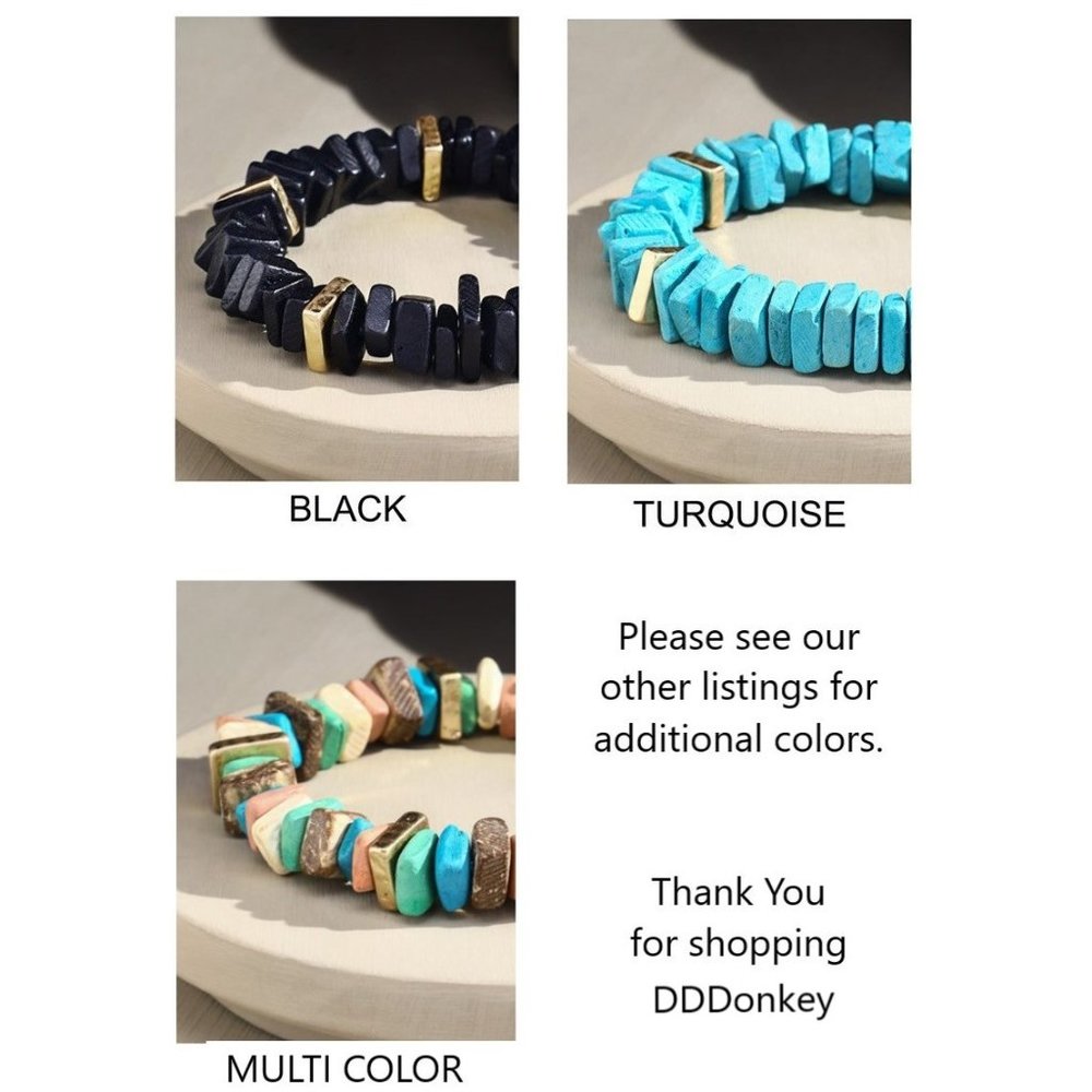 Turquoise Dyed Square Coconut Shell Stretch Bracelet w Gold Toned Metal Accents - Picture 2 of 2